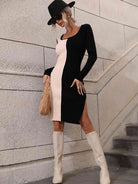 Woven Right Contrast Slit Sweater Dress - Stormyjay