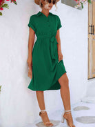 Cuffed Short Sleeve Belted Shirt Dress - Stormyjay