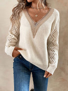 Openwork V-Neck Dropped Shoulder Sweater - Stormyjay