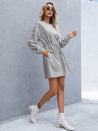 Drawstring Round Neck Dropped Shoulder Mini Dress - Stormyjay