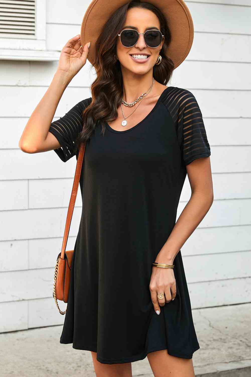 Sheer Striped Raglan Sleeve T-Shirt Dress - Stormyjay