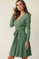 Surplice Neck Tie Waist Pleated Dress - Stormyjay