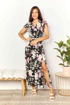 Double Take Floral Flutter Sleeve Tie-Waist Split Dress - Stormyjay