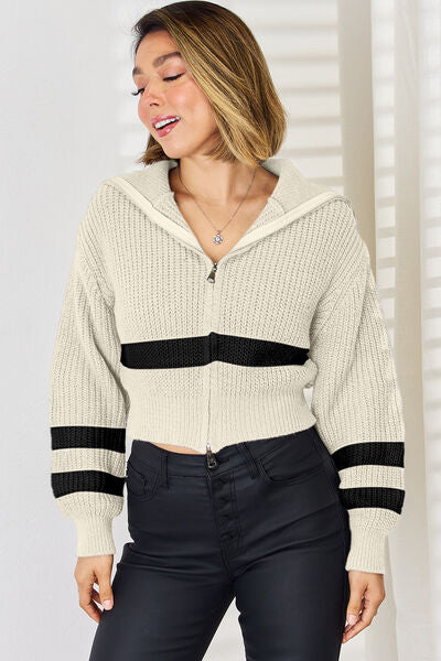 Striped Zip Up Dropped Shoulder Cardigan - Stormyjay