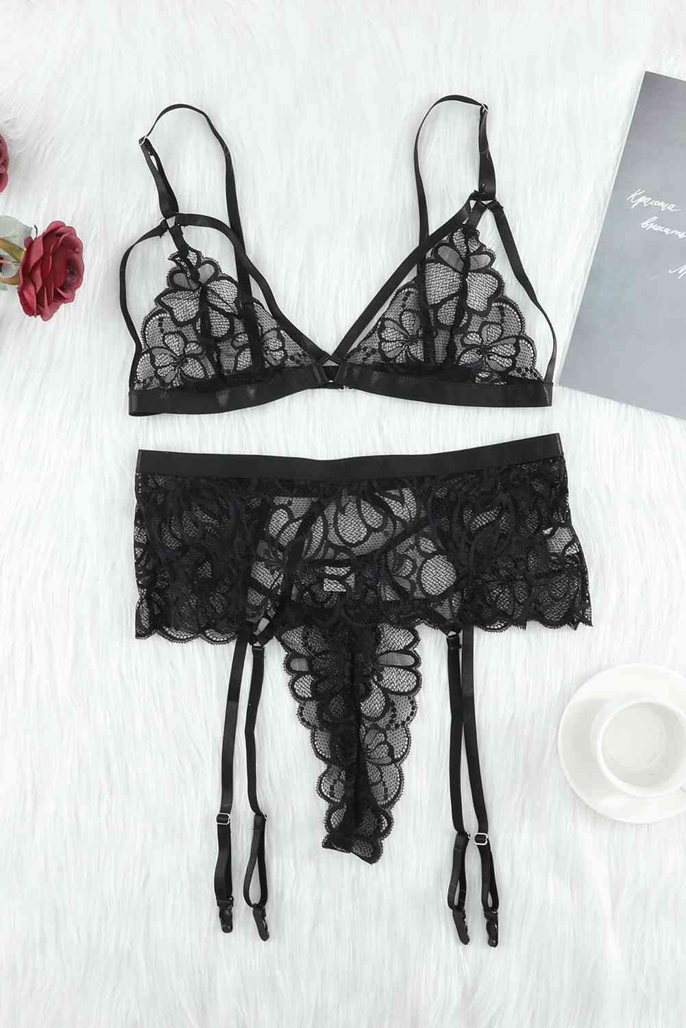 Strappy Three-Piece Lace Lingerie Set - Stormyjay