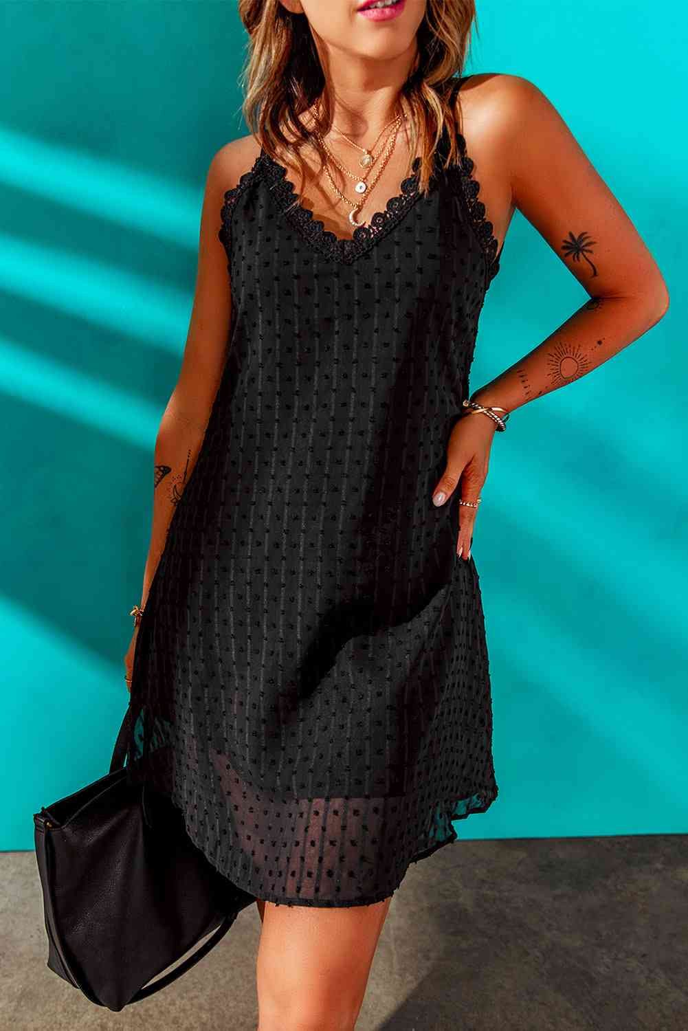 Swiss Dot Lace Trim V-Neck Dress - Stormyjay