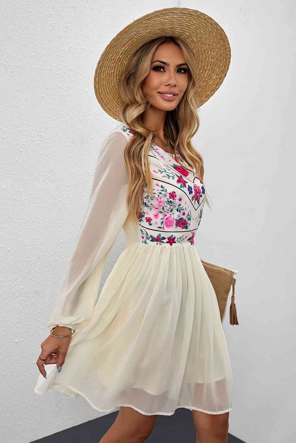 Floral Mesh Sleeve Lined Dress - Stormyjay