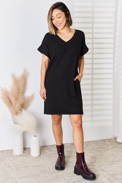 Zenana Full Size Rolled Short Sleeve V-Neck Dress - Stormyjay