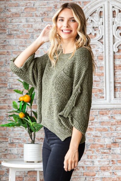 Veveret Round Neck Roll-Up Sweater - Stormyjay