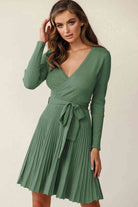 Surplice Neck Tie Waist Pleated Dress - Stormyjay