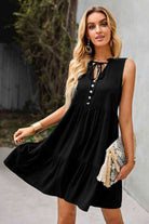 Tie Neck Tiered Dress with Decorative Buttons - Stormyjay