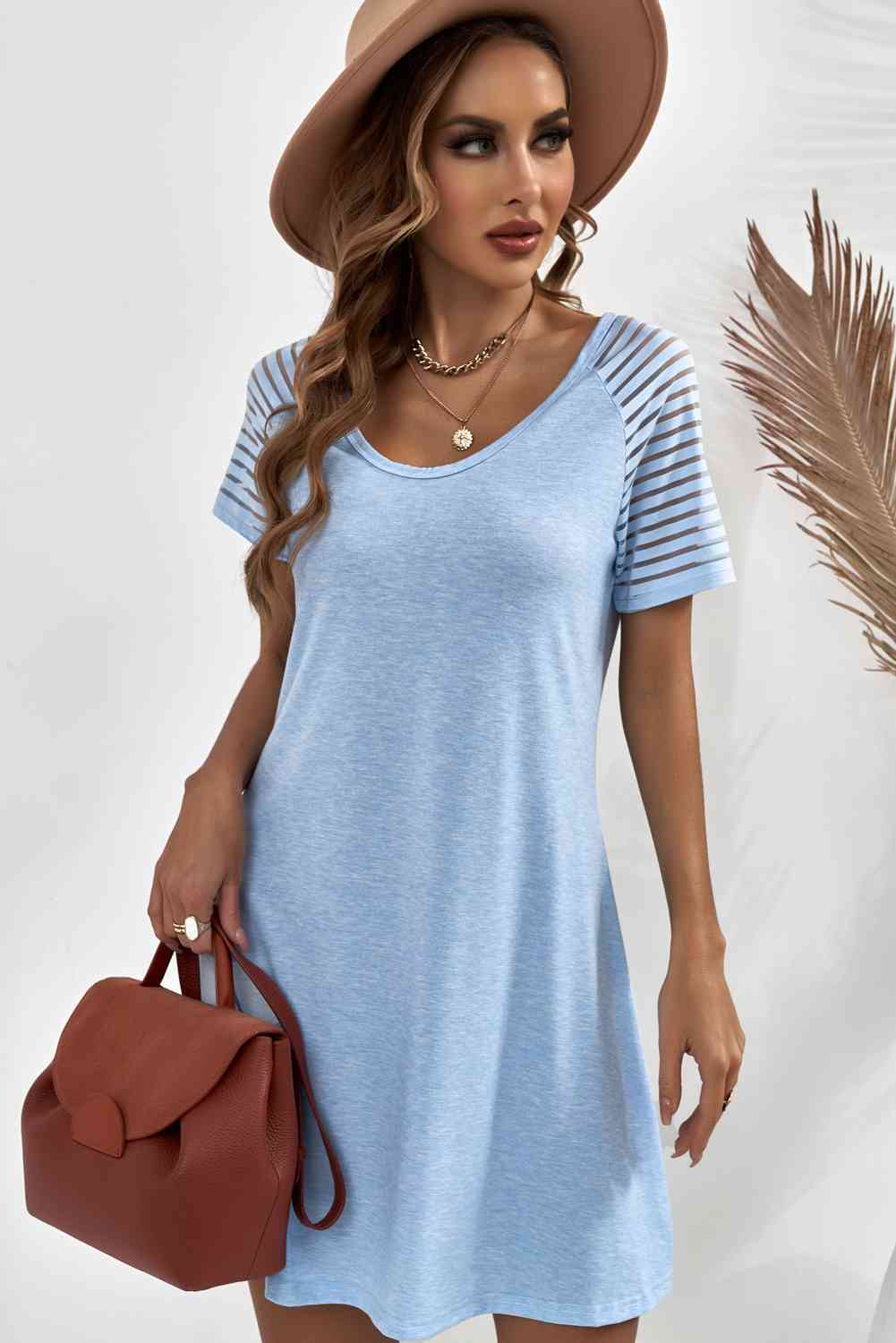 Sheer Striped Raglan Sleeve T-Shirt Dress - Stormyjay