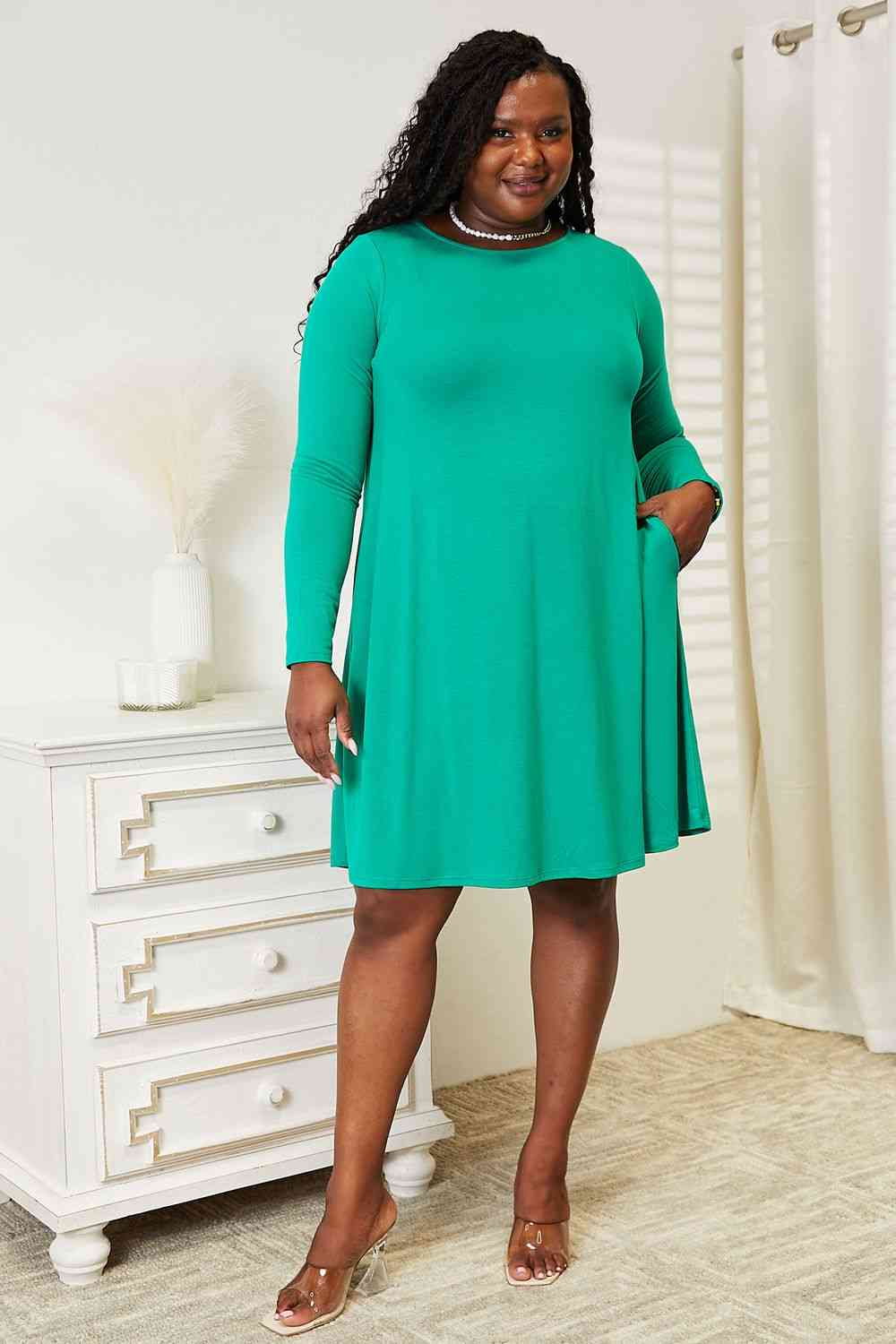 Zenana Full Size Long Sleeve Flare Dress with Pockets - Stormyjay