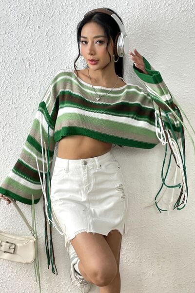 Fringe Striped Round Neck Knit Top - Stormyjay