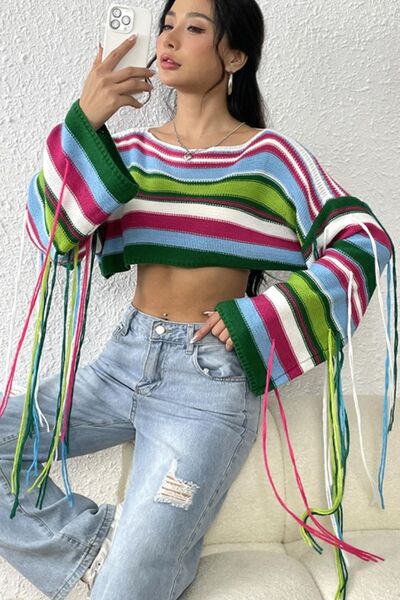 Fringe Striped Round Neck Knit Top - Stormyjay