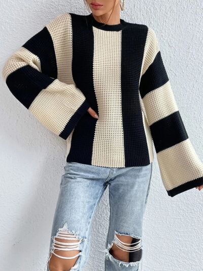 Striped Mock Neck Long Sleeve Sweater - Stormyjay