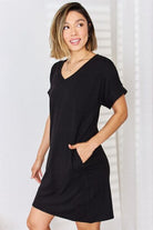 Zenana Full Size Rolled Short Sleeve V-Neck Dress - Stormyjay