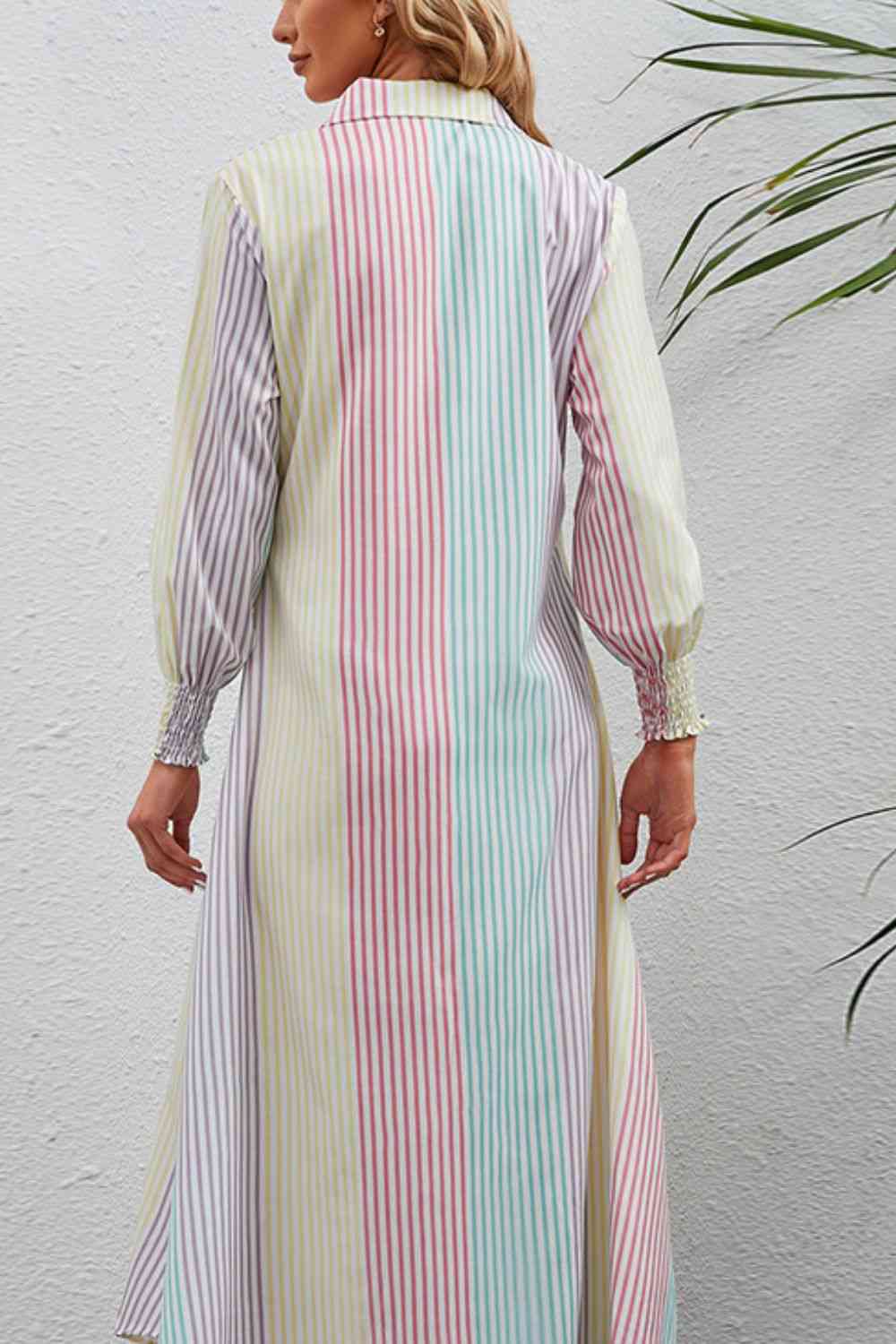 Rainbow Stripe Button-Up Maxi Shirt Dress - Stormyjay