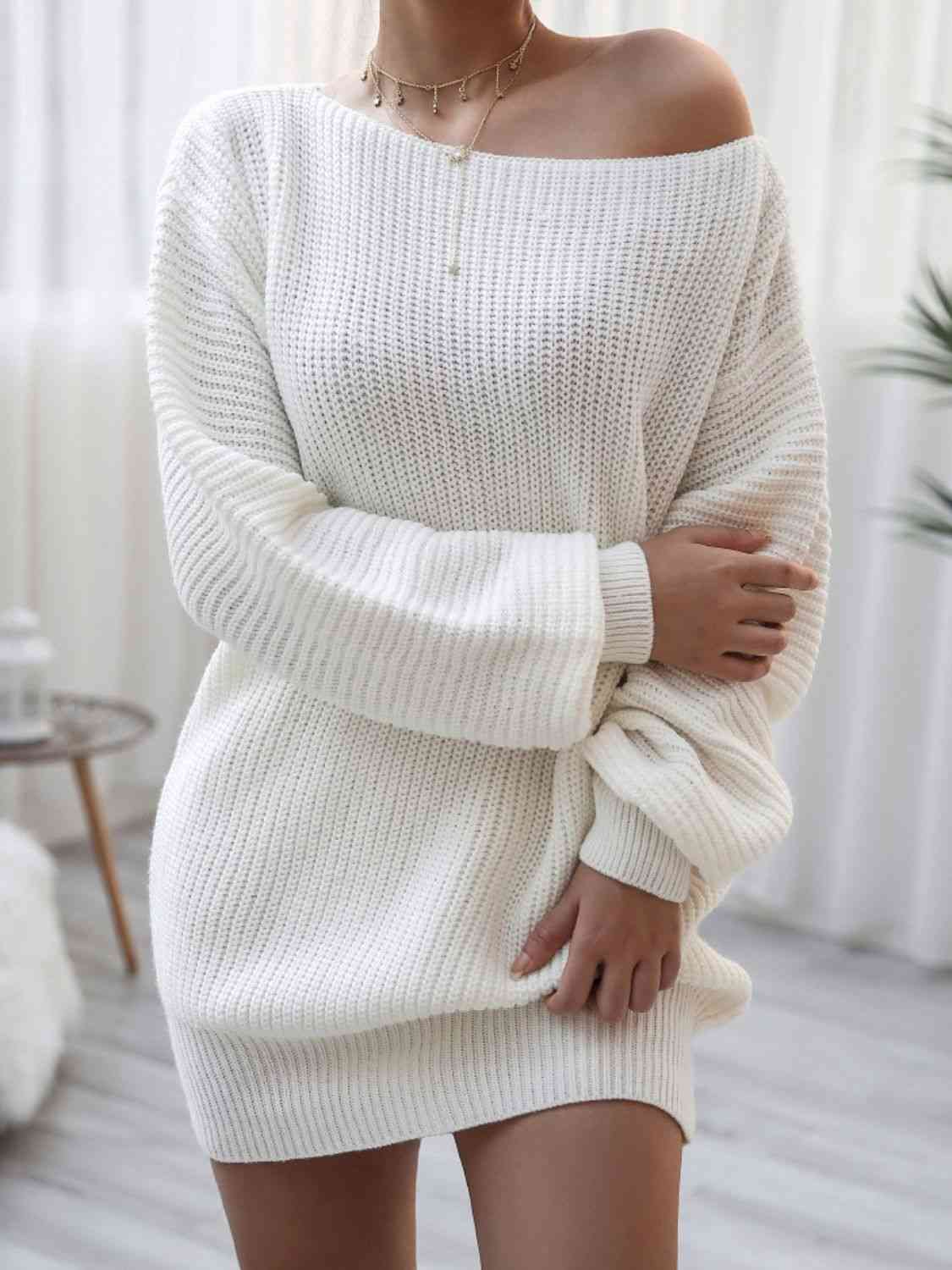 Rib-Knit Balloon Sleeve Boat Neck Sweater Dress - Stormyjay