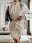 Ribbed Contrast Long Sleeve Sweater Dress - Stormyjay