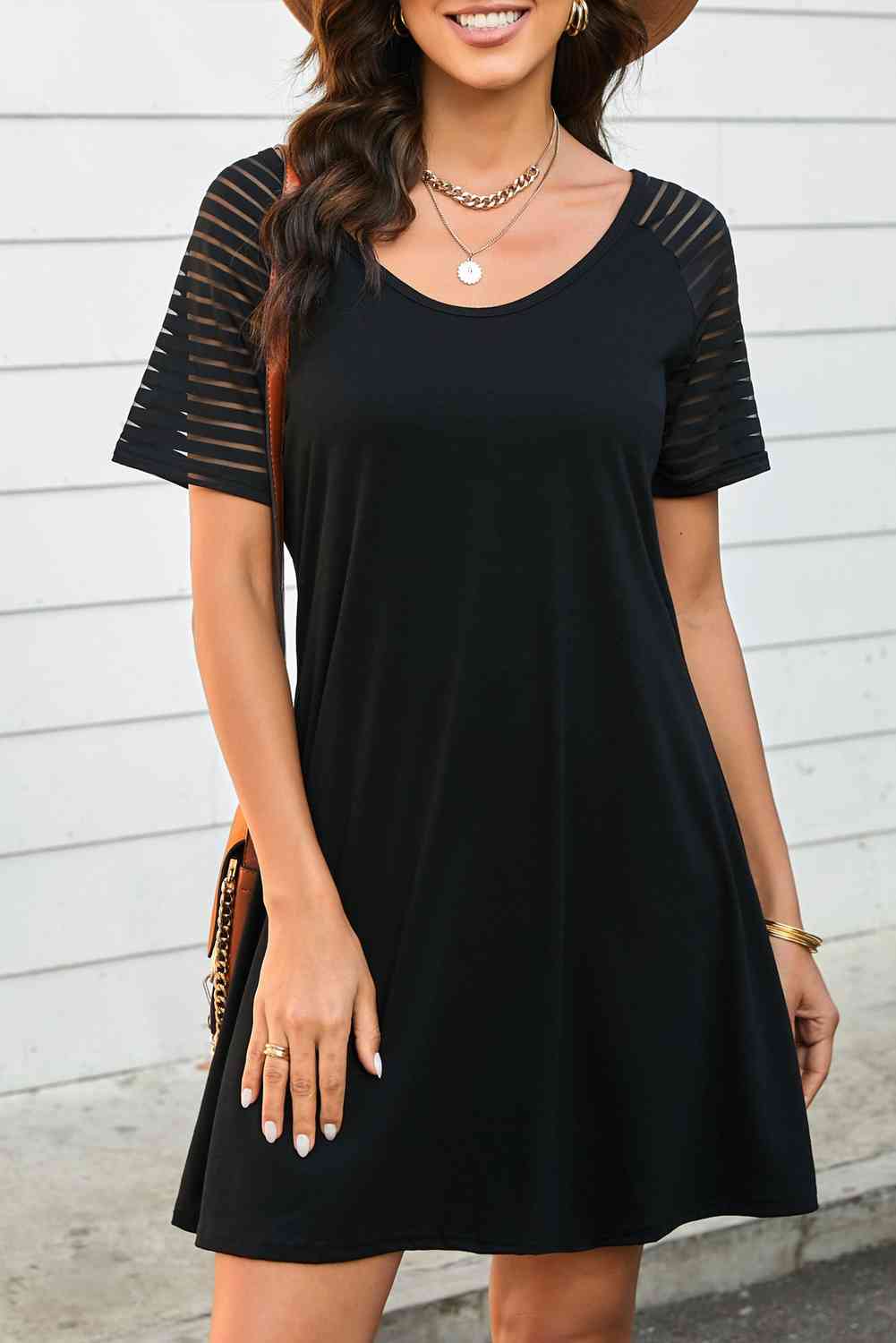 Sheer Striped Raglan Sleeve T-Shirt Dress - Stormyjay