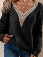 Openwork V-Neck Dropped Shoulder Sweater - Stormyjay