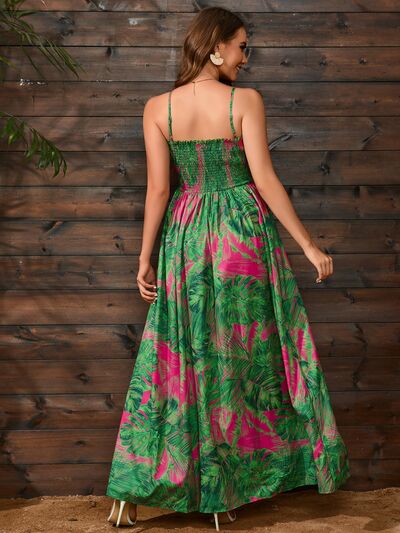 Slit Smocked Printed Spaghetti Strap Dress - Stormyjay