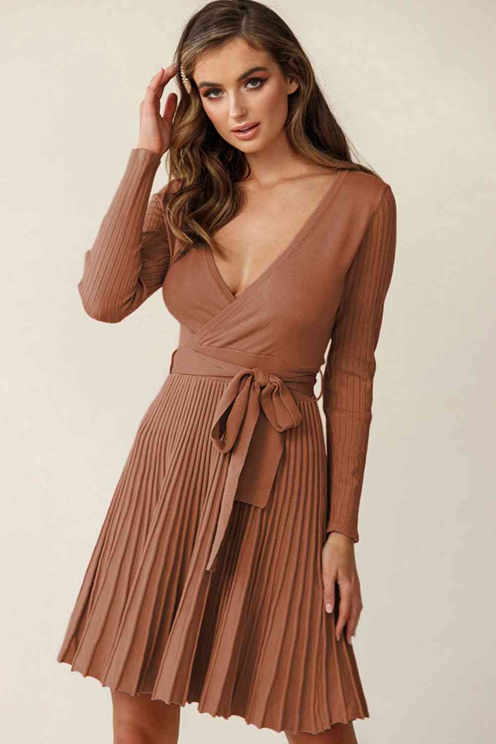 Surplice Neck Tie Waist Pleated Dress - Stormyjay