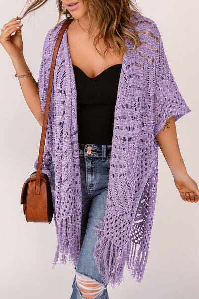 Openwork Open Front Cardigan with Fringes - Stormyjay