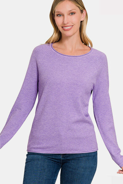 Zenana Rolled Round Neck Long Sleeve Sweater - Stormyjay