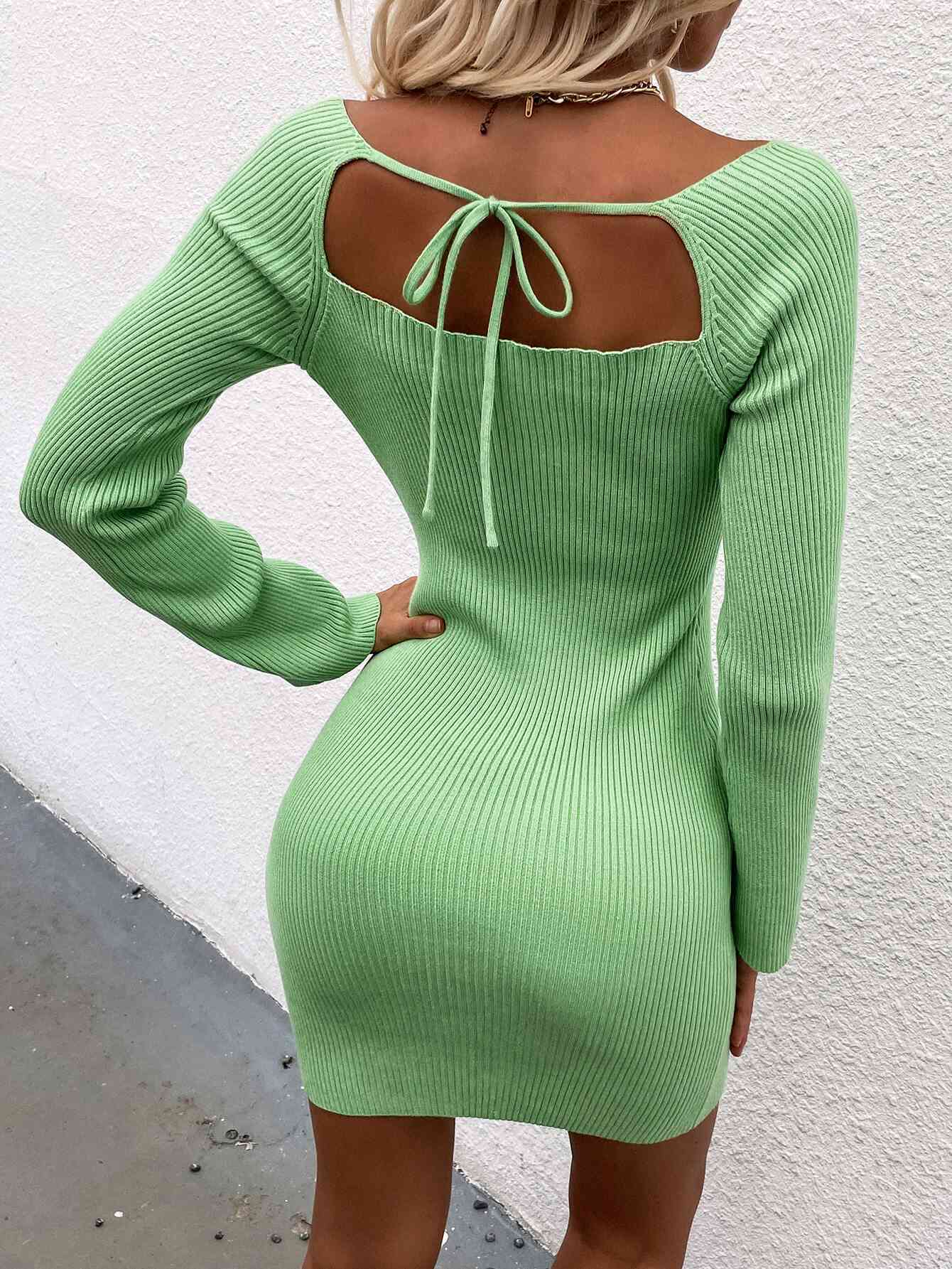 Tie Back Square Neck Long Sleeve Sweater Dress - Stormyjay