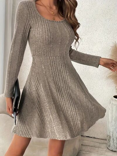 Ribbed Scoop Neck Long Sleeve Sweater Dress - Stormyjay