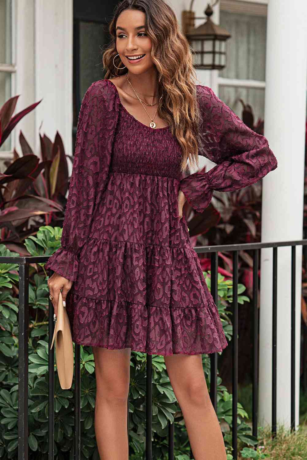 Leopard Applique Flounce Sleeve Smocked Tiered Dress - Stormyjay