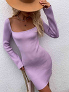 Tie Back Square Neck Long Sleeve Sweater Dress - Stormyjay