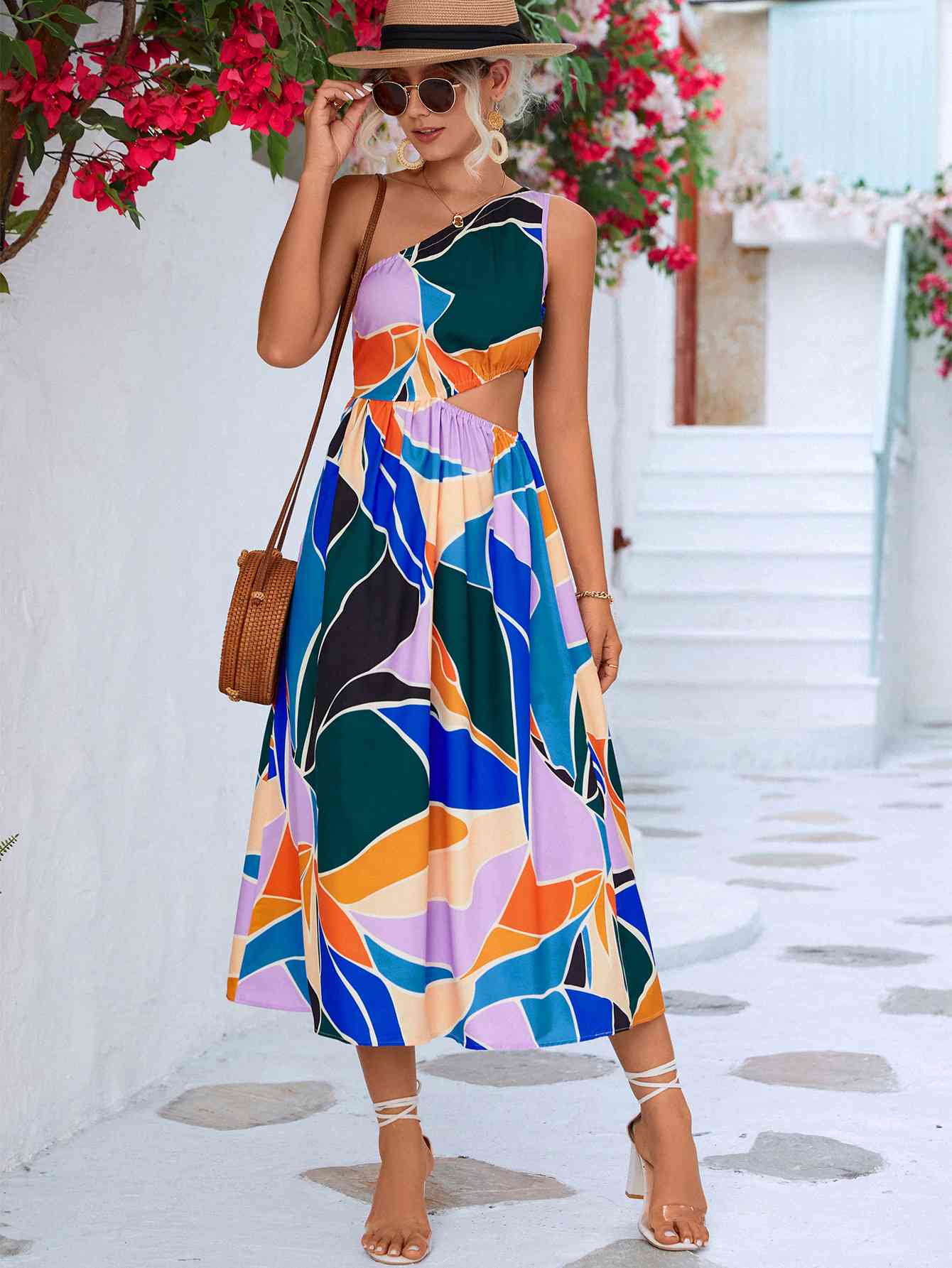 Printed Cutout One-Shoulder Sleeveless Dress - Stormyjay