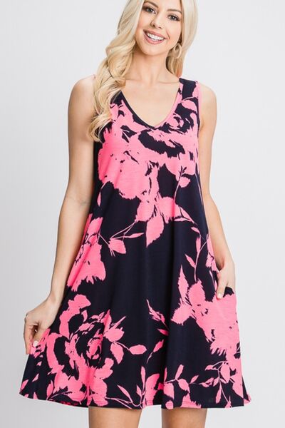 Heimish Full Size Floral V-Neck Tank Dress with Pockets - Stormyjay