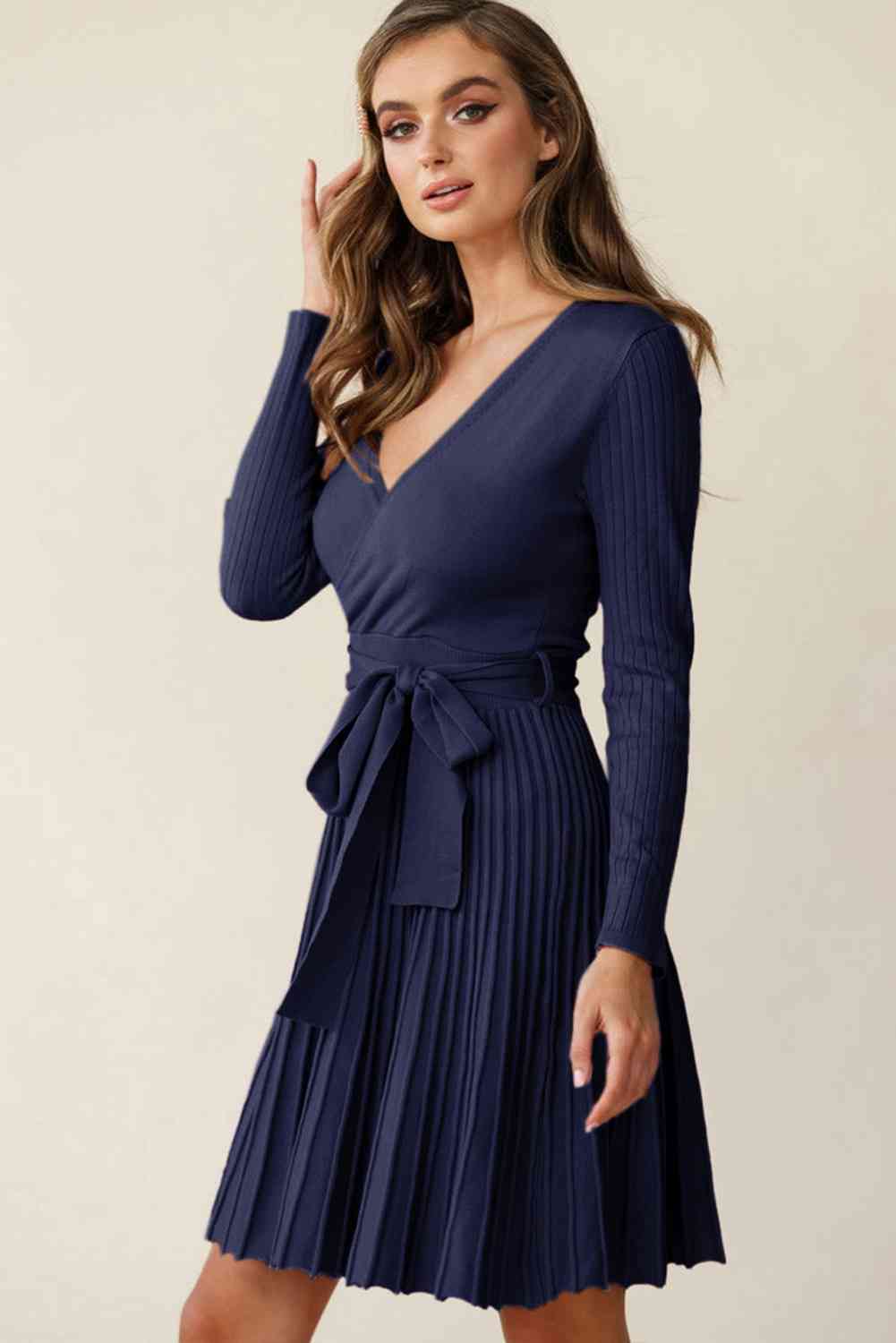 Surplice Neck Tie Waist Pleated Dress - Stormyjay