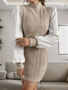 Ribbed Contrast Long Sleeve Sweater Dress - Stormyjay