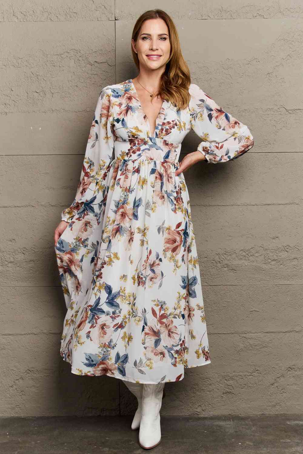 OneTheLand Good Day Chiffon Floral Midi Dress - Stormyjay