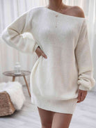 Rib-Knit Balloon Sleeve Boat Neck Sweater Dress - Stormyjay