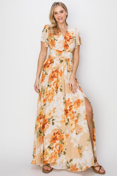 HYFVE Floral Tie Back Short Sleeve Slit Maxi Dress - Stormyjay