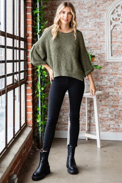 Veveret Round Neck Roll-Up Sweater - Stormyjay