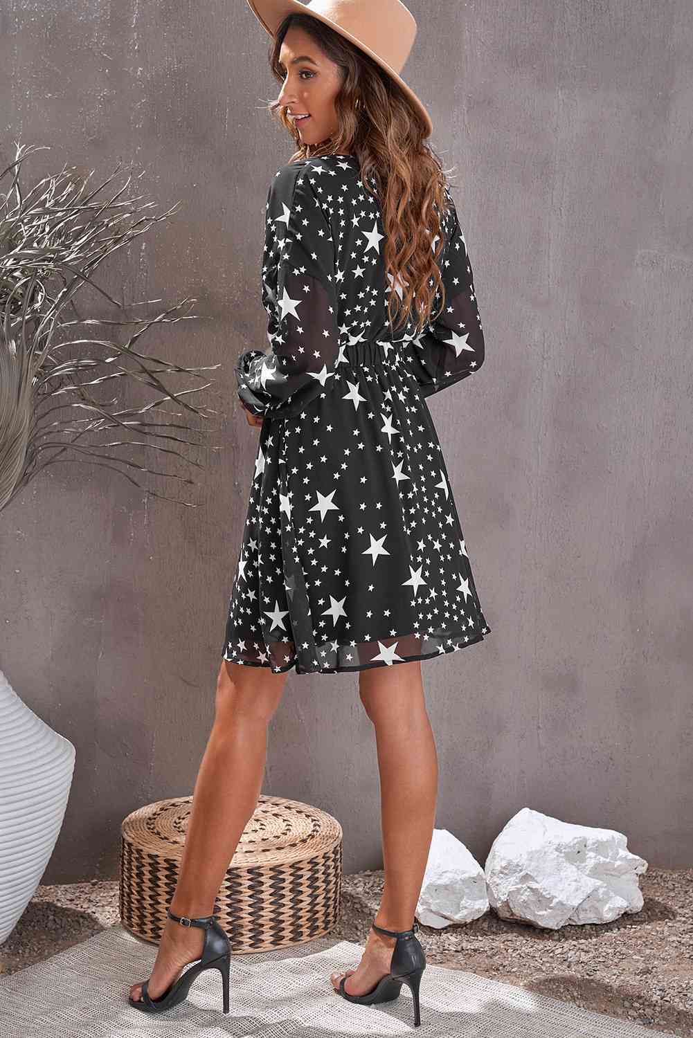 Star Print Dropped Shoulder Surplice Dress - Stormyjay