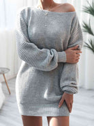 Rib-Knit Balloon Sleeve Boat Neck Sweater Dress - Stormyjay