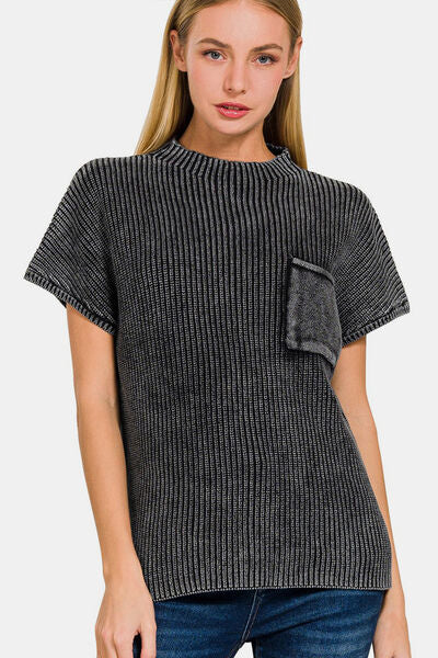 Zenana Pocketed Mock Neck Short Sleeve Sweater - Stormyjay