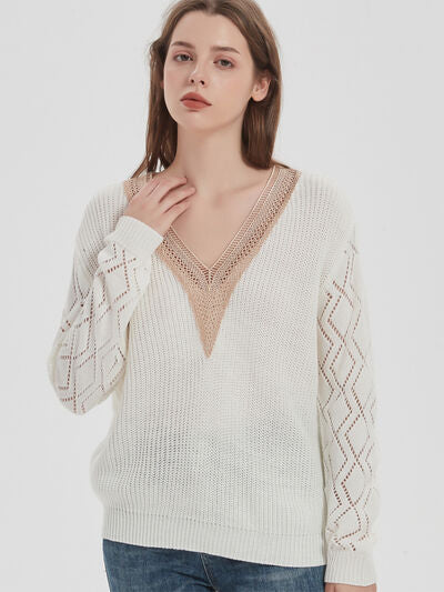 Openwork V-Neck Dropped Shoulder Sweater - Stormyjay