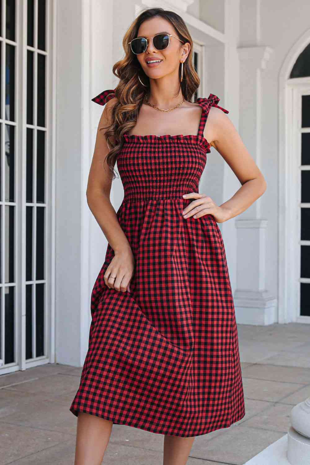 Plaid Frill Trim Tie Shoulder Dress - Stormyjay