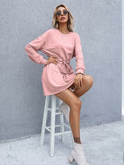 Drawstring Round Neck Dropped Shoulder Mini Dress - Stormyjay