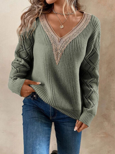 Openwork V-Neck Dropped Shoulder Sweater - Stormyjay