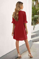 Puff Sleeve Notched Mini Shift Dress - Stormyjay